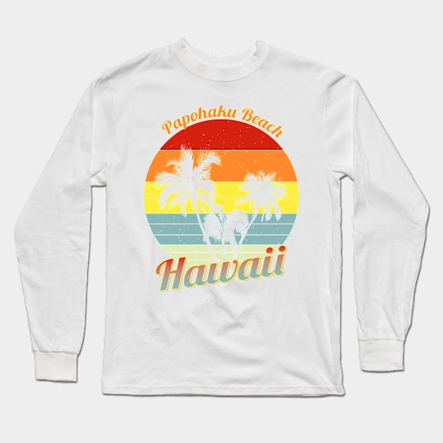 Papohaku Beach Hawaii Retro Tropical Palm Trees Vacation Long Sleeve T-Shirt by macdonaldcreativestudios